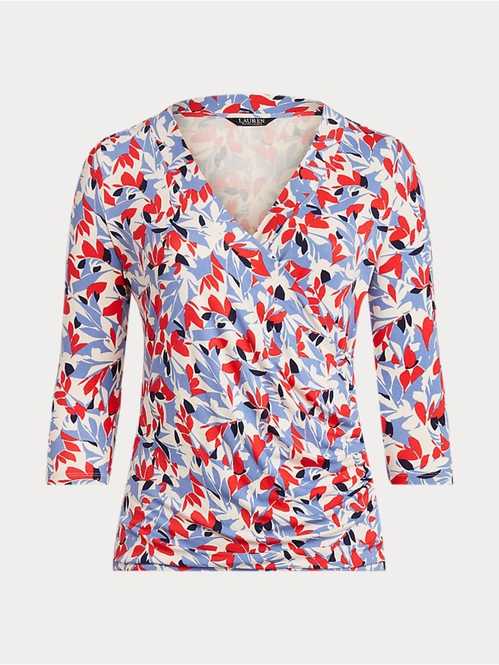 Lauren Ralph Lauren Surplice Jersey Floral Draped Wrap-Front Blouse3/4 Sleeves
